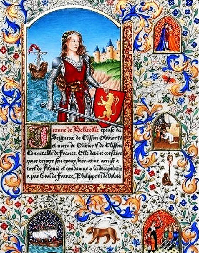 Enluminure representant Jeanne de Belleville et les combats de la femme pirate francaise 