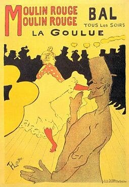 Tableau en couleur de Toulouse-Lautrec représentant La Goulue qui arrive au Moulin Rouge avec deux femmes.