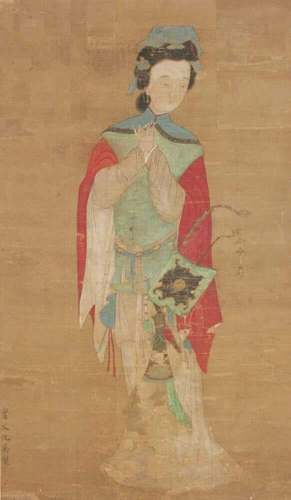 Peinture de Mulan qui porte de beaux habits de femme. Titre : Représentation de Mulan sous son apparence féminine.