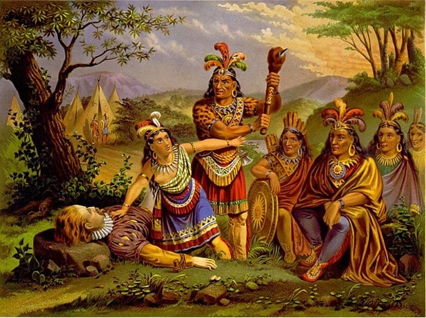 aux pieds d un arbre Pocahontas s interpose entre son pere et John Smith pour l'empecher de le mettre a mort