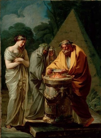 Peinture d'un sacrifice à Hestia dans la mythologie grecque.